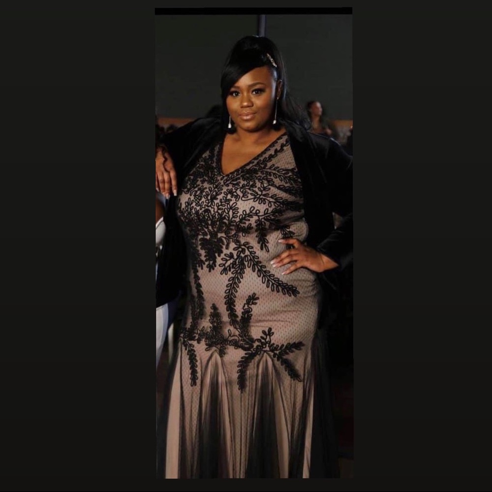 Plus size Black/nude lace formal dress.